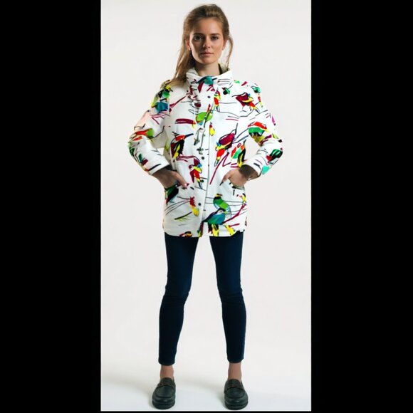 Berek White Multi Abstract Tropical Bird Cotton Jacket Size Large - Picture 2 of 9